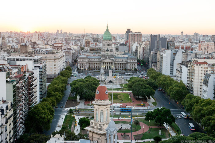 The view of Plaza del Congresso and the Argentine parliament building from Palacio Barolo, one of the city’s most beautiful buildings. The 328-foot tall, 22-story building was inspired by Dante’s Divine Comedy that is divided into hell, purgatory and heaven.
